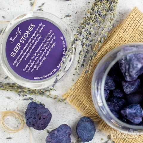 Подаръчен комплект камъни за сън, Лава камък, влят с лавандула и лайка, освежаващо масло 100 мл, снимка 3 - Други стоки за дома - 50949070