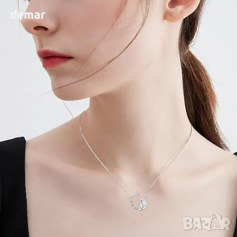 KINGWHYTE Дамско сребърно колие с две сови и надпис Never give up, снимка 2 - Колиета, медальони, синджири - 44742385