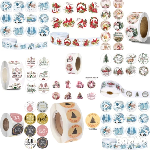 100 бр Кръгли стикери Коледни различни видове Коледа