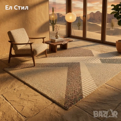 Модерен килим за хол 120х160см - Златисти триъгълници и райета и 3D ефект, Противоплъзгащ, снимка 3 - Килими - 53928365