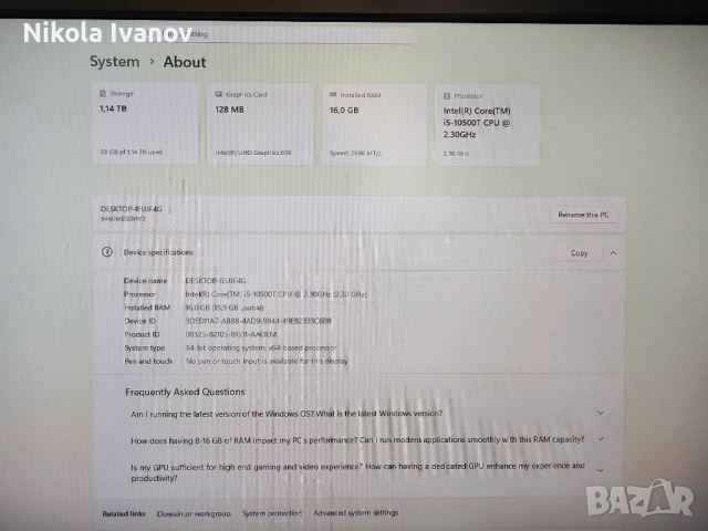 PC intel i5 10500 4.50 Ghz | 16GB 2666Mhz RAM | 256GB SSD + 1TB HDD|Win 11 | Powerpoint, word, excel, снимка 5 - За дома - 51794250