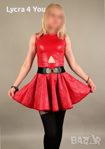 S червена кожена рокля с забележка, снимка 2 - Рокли - 42217909