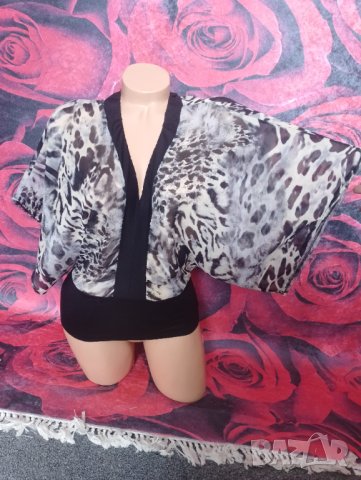 Бежово-сиво-черна феерична блуза шифон и трико С, снимка 1