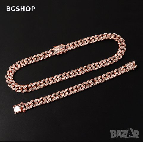 Bling Bling Хип-хоп ланец и гривна - Комплект Pink, снимка 3 - Бижутерийни комплекти - 30410197