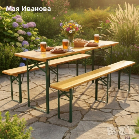 С ДЕФЕКТ - Сгъваем комплект градинска маса с 2 пейки - От чамово дърво - С ДЕФЕКТ виж снимките, снимка 6 - Градински мебели, декорация  - 53999744