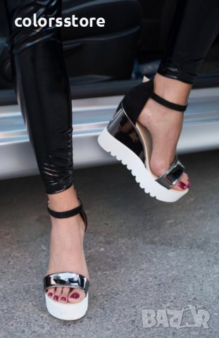 Сандали на платформа - черни със сребро лак - K200, снимка 2 - Сандали - 37017272