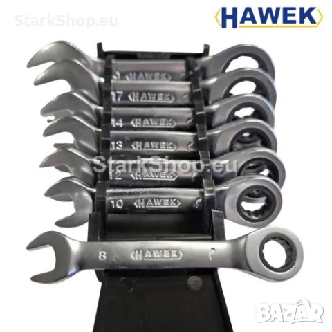 Професионален Комплект Къси Тресчотни Ключове HAWEK 8-19 мм 7 части с Тресчотка 72 зъба, снимка 2 - Ключове - 50316579