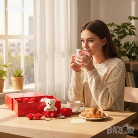 6379 Подаръчен комплект за Свети Валентин, Мече с чаша, лъжичка, сърце и рози, снимка 3 - Декорация за дома - 53297153