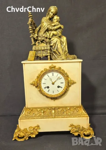 Франция 1840г/49см-10кг/стар фигурален каминен часовник/майка с дете/бронз-мрамор