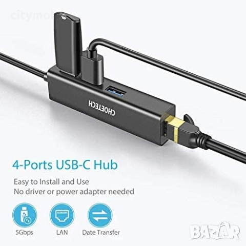 USB-C to Ethernet Adapter, CHOETECH 3 x USB C Thunderbolt to RJ45 Gigabit Ethernet LAN, снимка 1 - Мрежови адаптери - 44712417