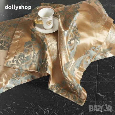Комплект от 4 Части Жакард Сатен в Златно, снимка 3 - Спално бельо - 44683462