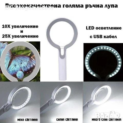 Голяма увеличителна ръчна лупа с LED осветление дръжка USB акумулаторна 10X и 25X лед четене книги
