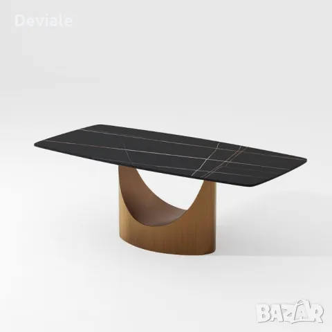 Модерна трапезна дизайнерска маса с керамичен плот черен мрамор и метална основа 200х100х75 см, снимка 4 - Маси - 48320529