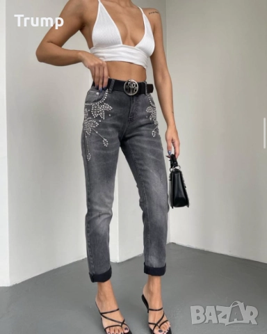 Ефектни еластични дънки с камъни и колан, деним