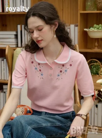 Блуза във френски стил с флорална бродерия и копчета в розово 🍓, снимка 5 - Блузи с дълъг ръкав и пуловери - 49206076