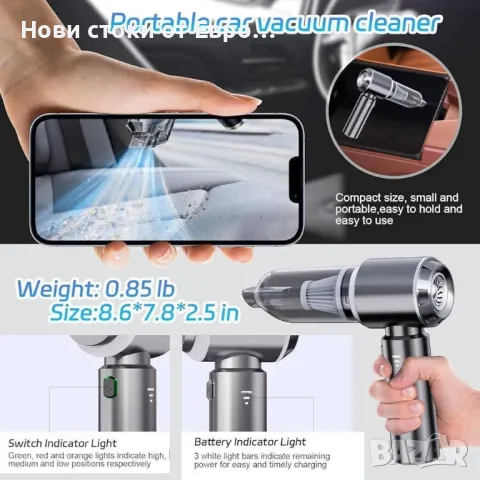 Безжична прахосмукачка за кола, мини прахосмукачка 21000PA с висока мощност, 4 в 1, снимка 4 - Прахосмукачки - 50207653