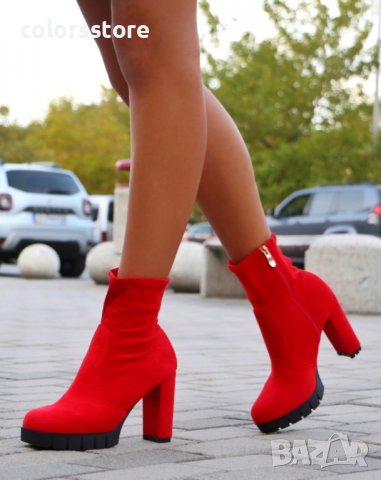 Боти на ток - червен велур - 2CA-9477, снимка 3 - Дамски боти - 34688965