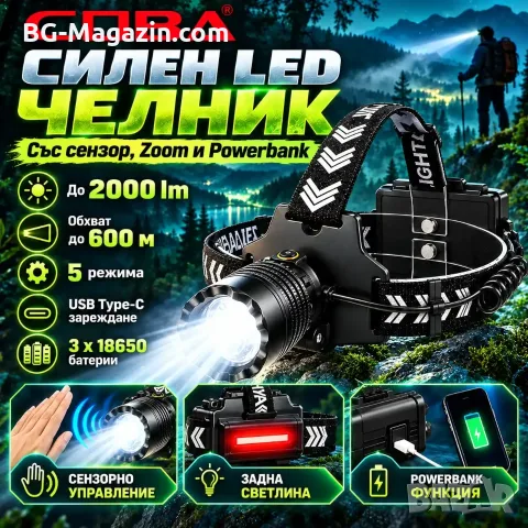 Мощен акумулаторен LED челник COBA TG 60W с Zoom, 2000 lm, 3 батерии 18650 и Powerbank