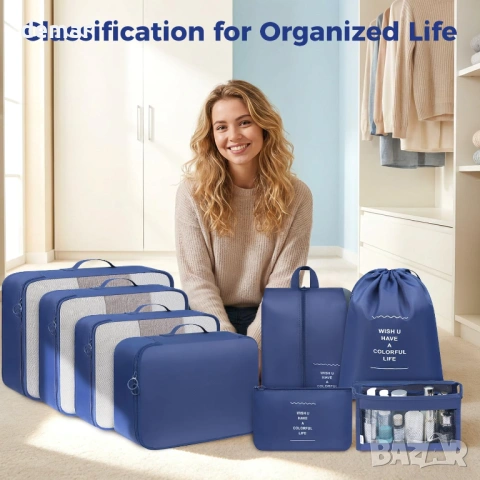 Комплект от 8 части органайзери за багаж с дишаща мрежа и чанта за обувки, тъмносиньо, снимка 2 - Други стоки за дома - 53901507