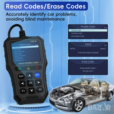 Професионален автомобилен диагностичен кодочетец YM519 Full OBD2 EOBD, снимка 9 - Аксесоари и консумативи - 48217491
