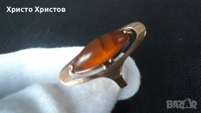 Златен руски СССР пръстен с натурален кехлибар, снимка 2 - Пръстени - 54127852