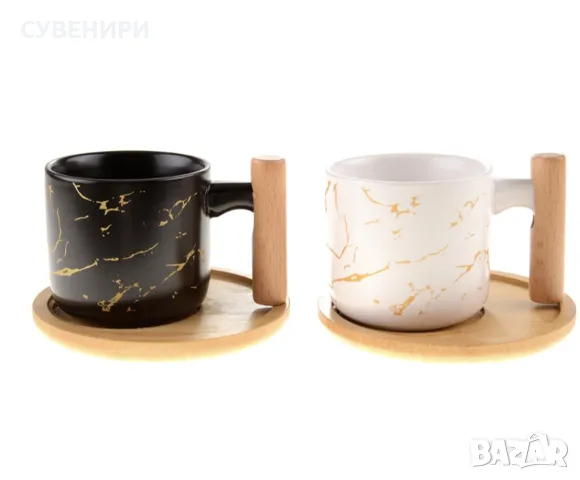 Керамичен комплект за чай от 2 части - чаша и поставка от бамбук