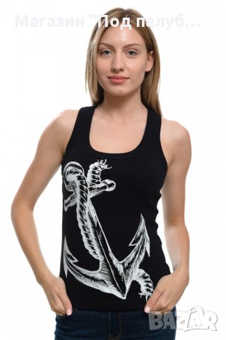 Нов дамски черен потник с трансферен печат Голяма котва, морски, снимка 6 - Потници - 29964676