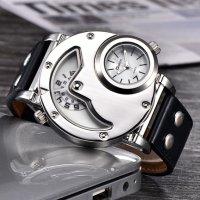 Oulm кварцов часовник - уникален мъжки дизайн, 2 независими дисплея, 2 часови зони , снимка 4 - Мъжки - 40438808