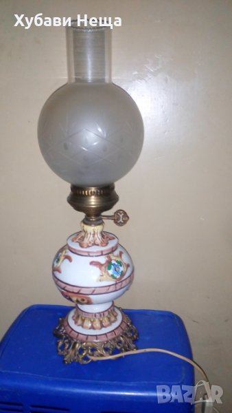 Лампа стара месинг, порцелан и кристал, снимка 1