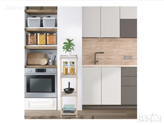 Подова етажерка от дървен материал с 4 рафта и размери 25x26x100 см, в цвят бежов/сив, снимка 1