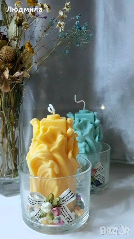 Дизайнерска свещ "Тюркоазен Иланг-Иланг" — Ръчна изработка, снимка 1