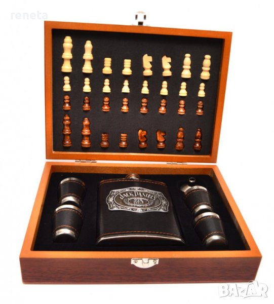 Комплект за шах с аксесоари, Дървен, В кутия, Кафяв, снимка 1