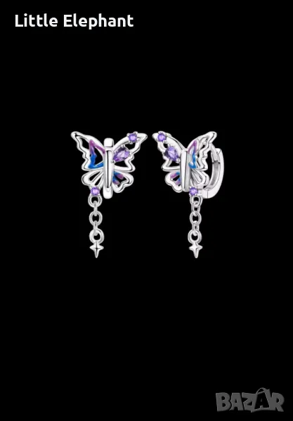 Сребърни халки пеперуди luminous,blue and purple,колекция"Butterflies"/нови, снимка 1