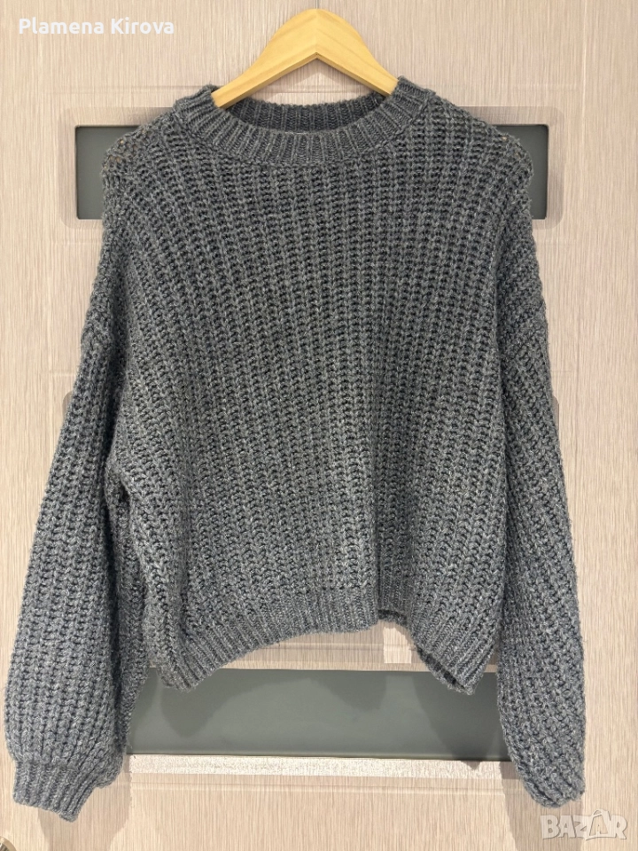 Сив плетен пуловер с обемни ръкави, снимка 1