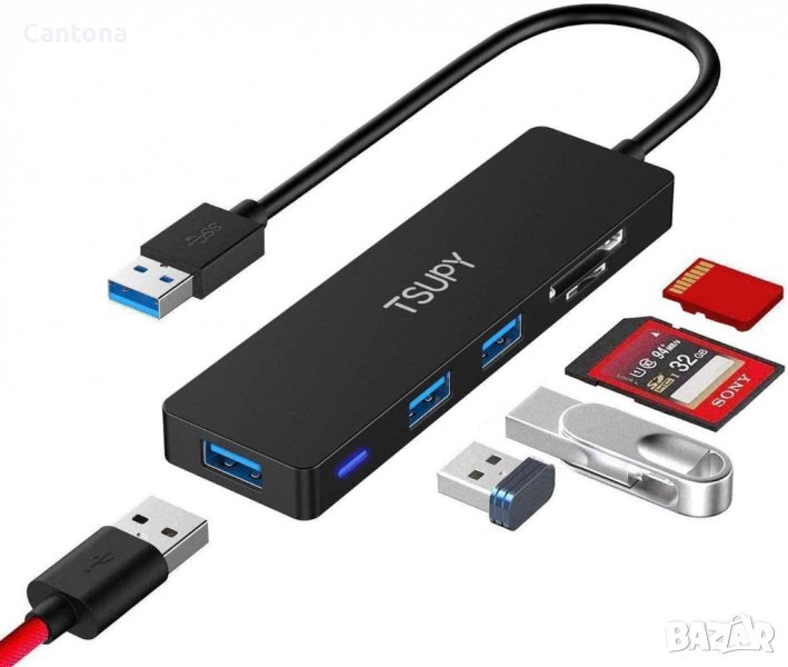 TSUPY Multi USB HUB, 5-в-1, SD и Micro SD четец, 3 USB 3.0 порта, снимка 1