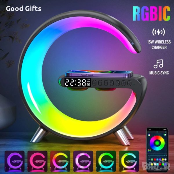 Смарт LED лампа - зарядно с високоговорител и часовник, снимка 1