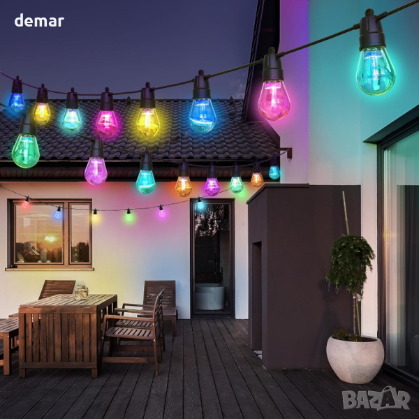 Plbriyu градински светлини RGB 15 метра,20 димируеми LED крушки водоустойчиви нечупливи,дистанционно, снимка 1