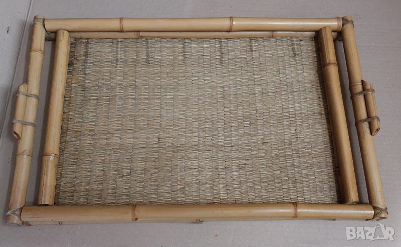 Голям дървен плетен поднос, бамбук, с дръжки и борд, снимка 1