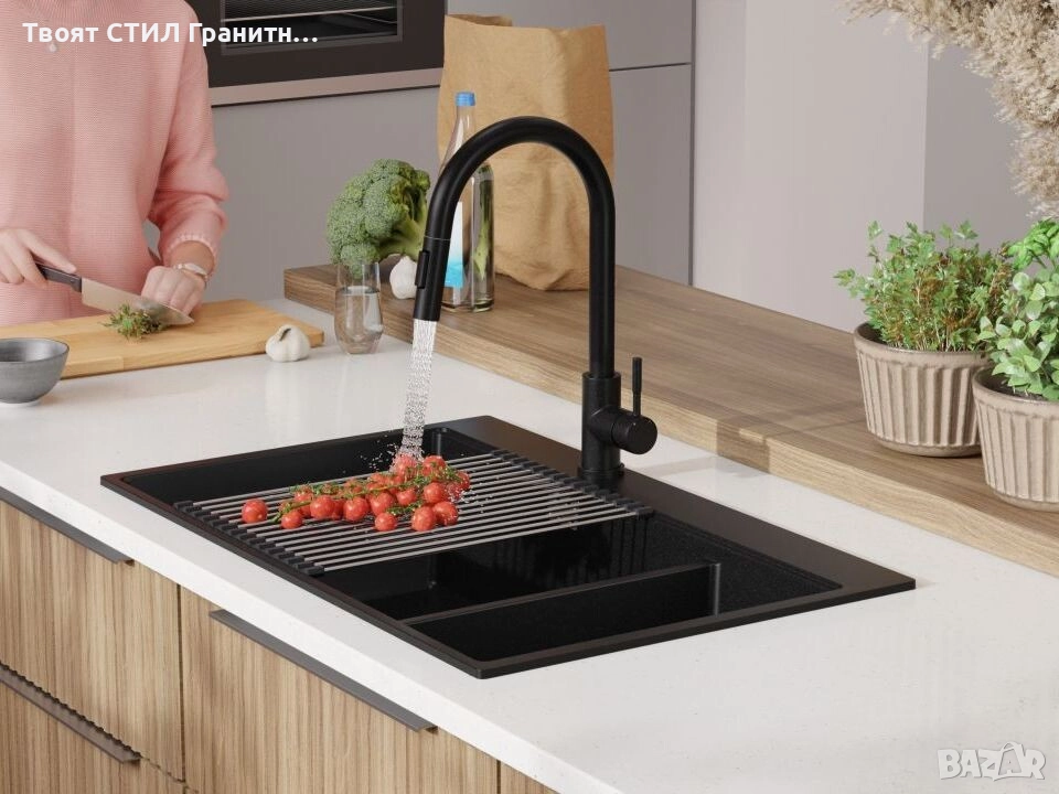 Черна кухненска гранитна мивка Осло 80 Duo Top 780x500 мм, снимка 1