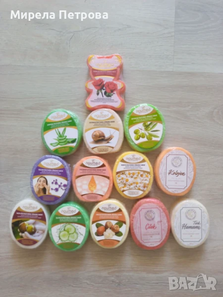 Ароматен турски овален сапун Naumed 135 гр. с гъба за баня 10 вида-с женшен, охлюви, магарешко мляко, снимка 1