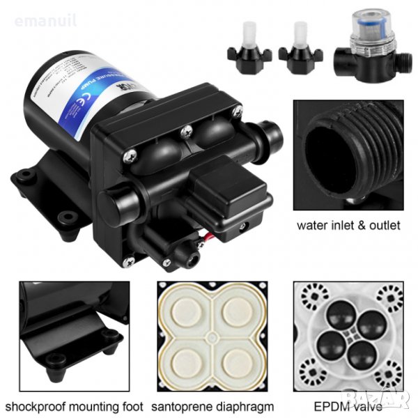 12V 2/3.5/5/6/8/10/11/17/26/40л/мин. oт 2-13бара хидрофорна диафрагмена самозасмукваща водна помпа, снимка 1