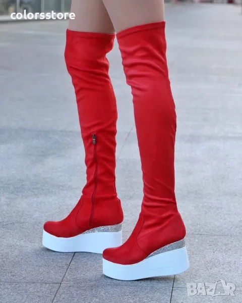 Ботуши на платформа - червен велур и брокат - 122K, снимка 1