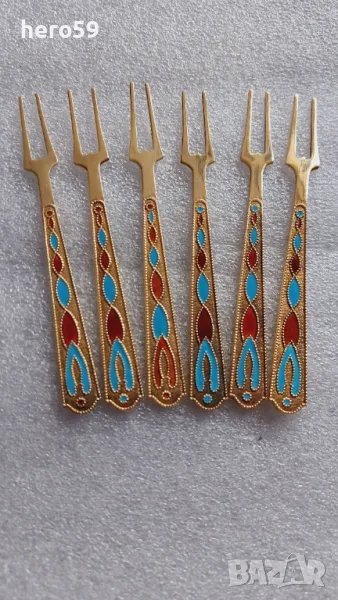 СССР-Сребърни вилички с позлата и емайл. Сребро 875, сребърни лъжички, снимка 1