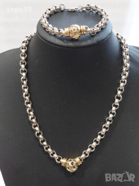 Прекрасна сребърна авторска дамска гривна и колие.Сребро проба 925,златни 9 каратови апликации, снимка 1