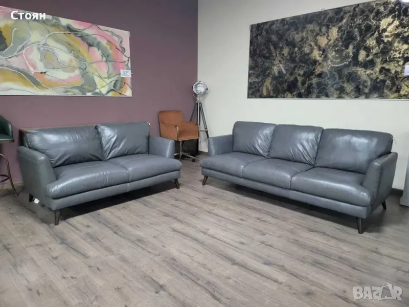 Сив кожен комплект дивани тройка и двойка, снимка 1