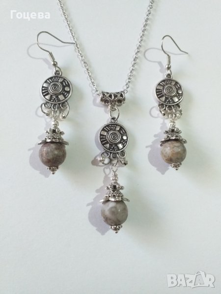 Красив Бохо комплект бижута с лечебния камък Майфанит и красиви орнаменти в римски стил, снимка 1
