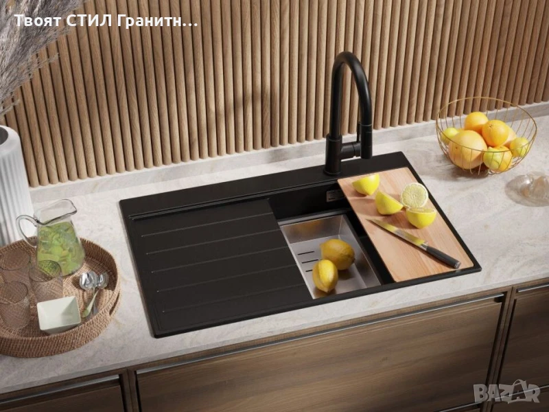 Черна гранитна кухненска мивка Сидни 780-45 Ergo Multilevel 780х500, снимка 1