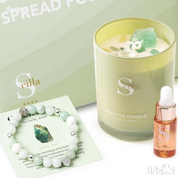 Луксозен подарък за жена, комплект ароматни свещи, кристална гривна, талисман в сърце,етерично масло, снимка 1