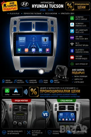 Мултимедия за Hyundai Tucson, Android Навигация, Carplay, Android Auto, Waze, Хюндай Туксон, 2DIN