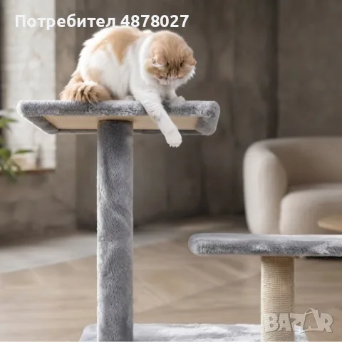 Многоетажна драскалка за котка с къщичка, хамак и платформи, 125 см, светлосива, снимка 2 - За котки - 55936903